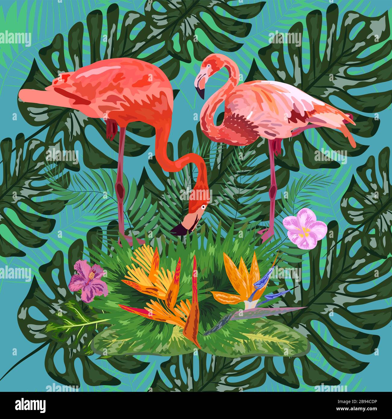 Tropical trendy seamless pattern with pink flamingos and mint green ...