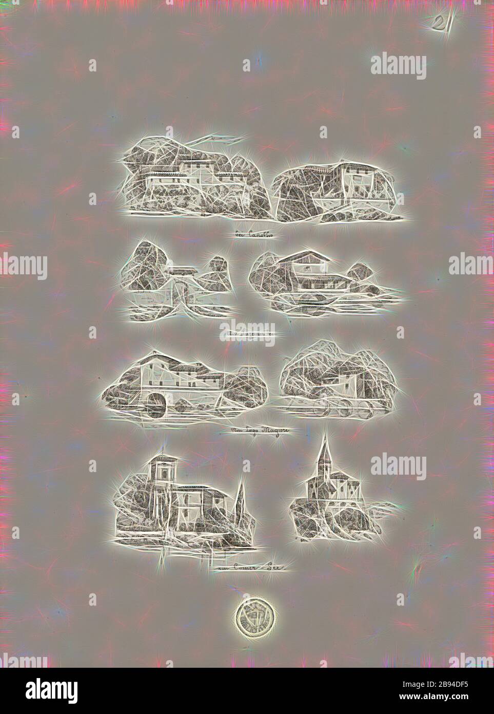 Buildings near Canobbio, Lake Lugano, Lake Maggiore and Lake Como, Buildings near Canobbio, Lago di Lugano, Lago Maggiore and Lago di Como, Fig. 23, according to p. IX, Julius Stadler, Georg Lasius: Exkursion der Bauschule im Juli 1864: [Tessin]. Zürich: [s.n.], [1864?], Reimagined by Gibon, design of warm cheerful glowing of brightness and light rays radiance. Classic art reinvented with a modern twist. Photography inspired by futurism, embracing dynamic energy of modern technology, movement, speed and revolutionize culture. Stock Photo