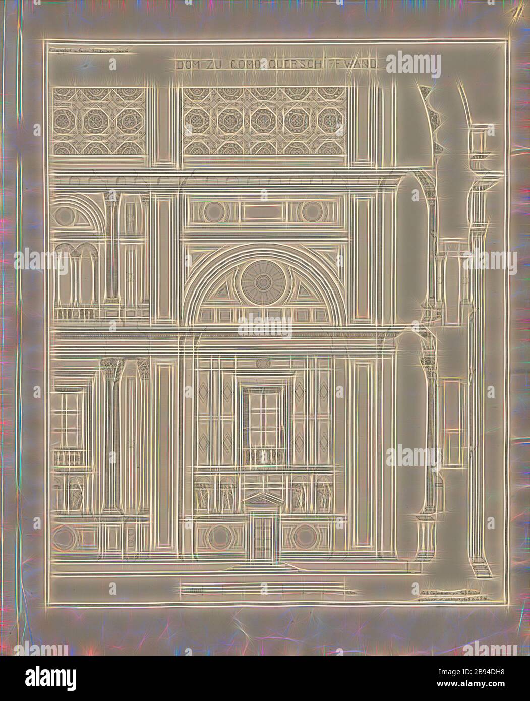 Cathedral to Como. Transept wall, Cattedrale di Santa Maria Assunta in Como, signed: After recording by Prof. Lasius drawn u., autographed v., J. Roth, Plate 11, after p. 15, Lasius, Georg (aufgen.), Roth, J. (gez. und autogr.), Karl Moser, Julius Stadler: Bericht über die Excursion der Bauschule nach Ober-Italien und Tessin (Juni 1880). Stäfa: Druck von Wittwe L. Gull, 1881, Reimagined by Gibon, design of warm cheerful glowing of brightness and light rays radiance. Classic art reinvented with a modern twist. Photography inspired by futurism, embracing dynamic energy of modern technology, move Stock Photo