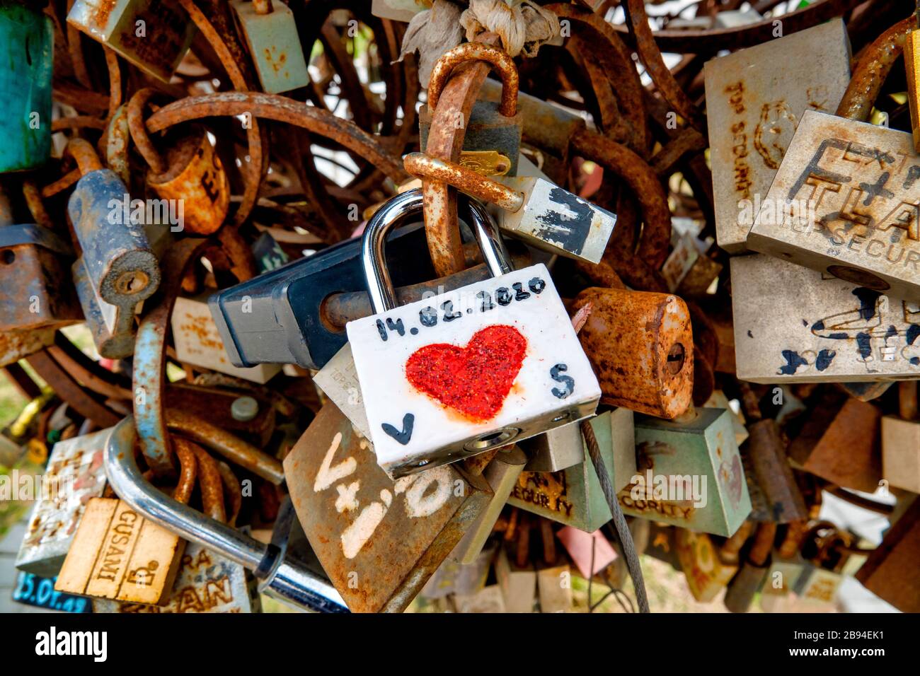 Close up of some love locks on an iron tree on the boulevard, Baku, Azerbaijan Stock Photo
