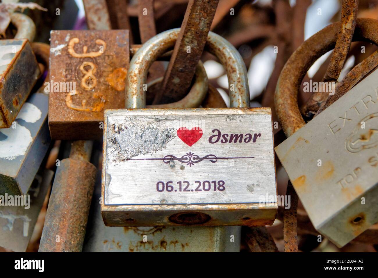 Love lock with an erased name on the boulevard, Baku, AzerbaijanBaku, Azerbaijan Stock Photo