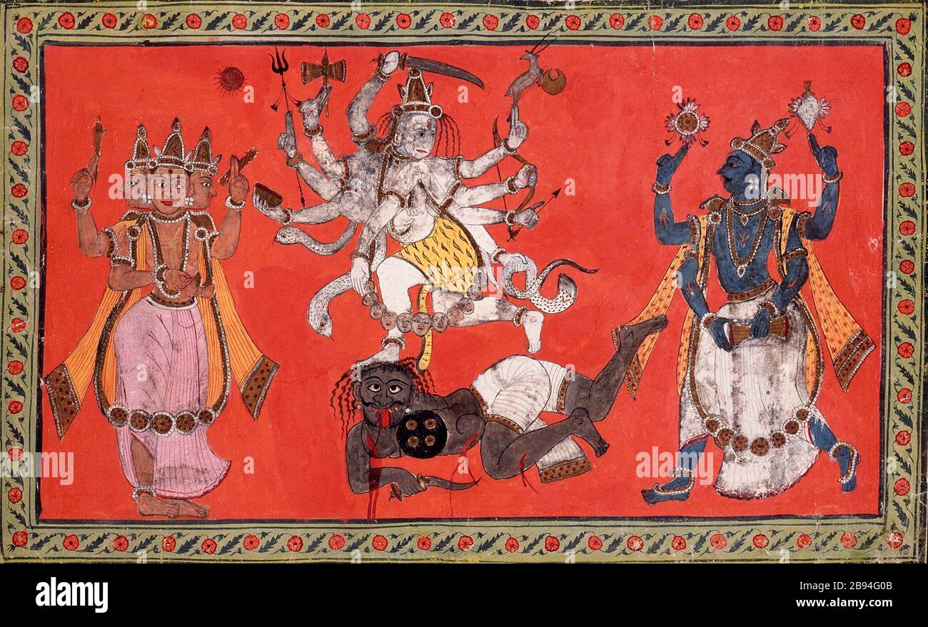 'Shiva Performing the Dance of Bliss while Vishnu and Brahma Provide Musical Accompaniment; English:  India, Andhra Pradesh, Rajahmundry, circa 1760 Drawings; watercolors Opaque watercolor, gold, and silver on paper Image:  7 1/8 x 12 5/8 in. (18.1 x 32.1 cm); Sheet:  8 5/8 x 14 1/4 in. (21.9 x 36.2 cm) Indian Art Special Purpose Fund (M.74.102.1) South and Southeast Asian Art; circa 1760 date QS:P571,+1760-00-00T00:00:00Z/9,P1480,Q5727902; ' Stock Photo