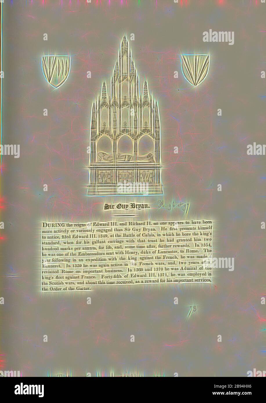 Sir Guy Brian, Tomb of Sir Guiy de Brian, Fig. 108, p. 72, Charles Alfred Stothard, Alfred John Kempe: The monumental effigies of Great Britain: selected from our cathedrals and churches, for the purpose of bringing together, and preserving correct representations of the best historical illustrations extant, from the Norman conquest to the reign of Henry the Eighth: dedicated by permission to the Prince Regent. London: printed by J. M'Creery [...], 1817-1832, Reimagined by Gibon, design of warm cheerful glowing of brightness and light rays radiance. Classic art reinvented with a modern twist. Stock Photo