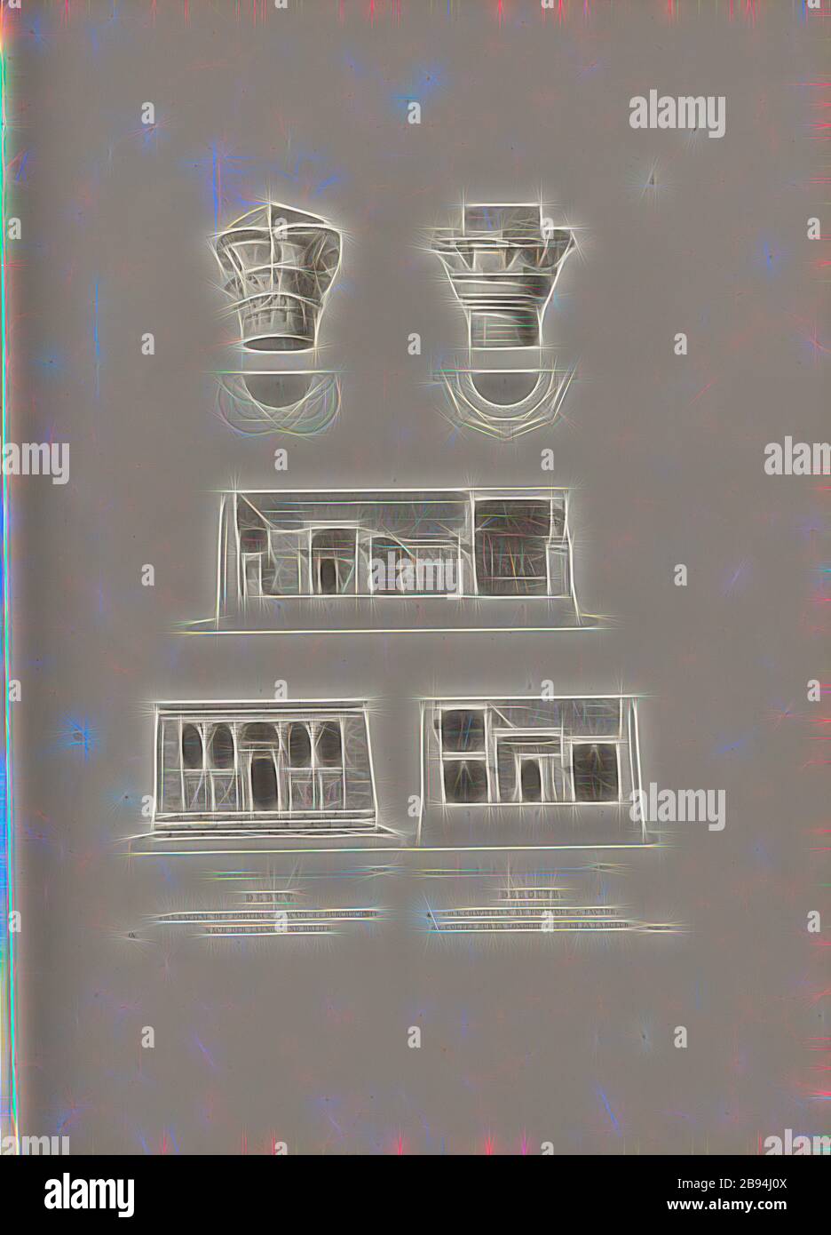 Debut. a et b, capitals of the portico, c, façade, d, e, averages for the length and width, Egyptian Temple, Signed: GAV, Dormier sc, Pl. 4, p. 40, Gau, Franz Christian (del.), Dormier, Alexandre Charles (sc.), Franz Christian Gau, Barthold Georg Niebuhr: Antiquités de la Nubie: ou monumens inédits des bords du Nil, situés entre la première et la seconde cataracte: ouvrage faisant suite au grand ouvrage de la Commission D'Egypte, dédié au Roi. Stuttgart: aux frais de la Librairie de J. G. Cotta, Paris: Imprimerie et Librairie de Firmin Didot, MDCCCXXII. [1822], Reimagined by Gibon, design of w Stock Photo