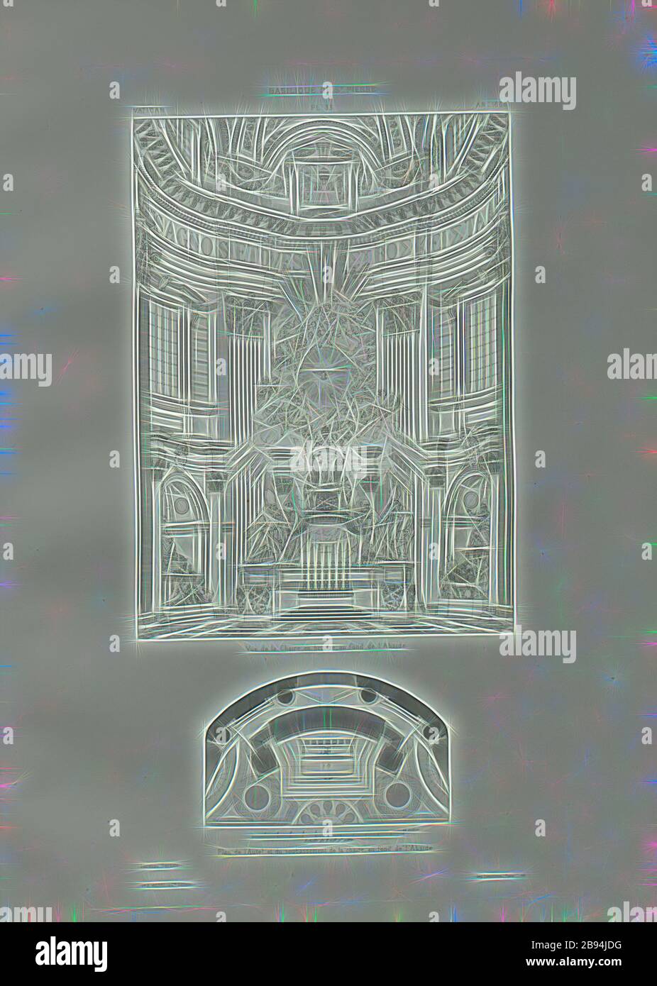 View of the bronze pulpit at the bottom of the Apse, Plan of the Altar and Basin of the pulpit at the bottom of the Apse, Illustration of the altar in St. Peter's Basilica from the 17th century, signed: Lorenzo Bernini, Pl. 33, S. 99, Bernini, Lorenzo, 1882, Paul Marie LeTarouilly: Le Vatican et la basilique de Saint-Pierre de Rome. Paris: Vve A. Morel et Cie., Editeurs, 1882, Reimagined by Gibon, design of warm cheerful glowing of brightness and light rays radiance. Classic art reinvented with a modern twist. Photography inspired by futurism, embracing dynamic energy of modern technology, mov Stock Photo
