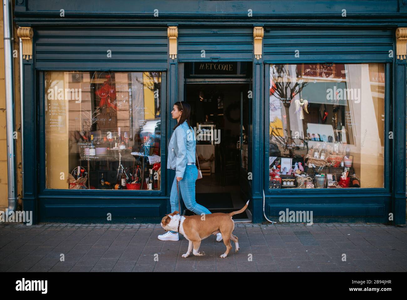 A beautiful young girl is walking her dog on the street Stock Photo - Alamy