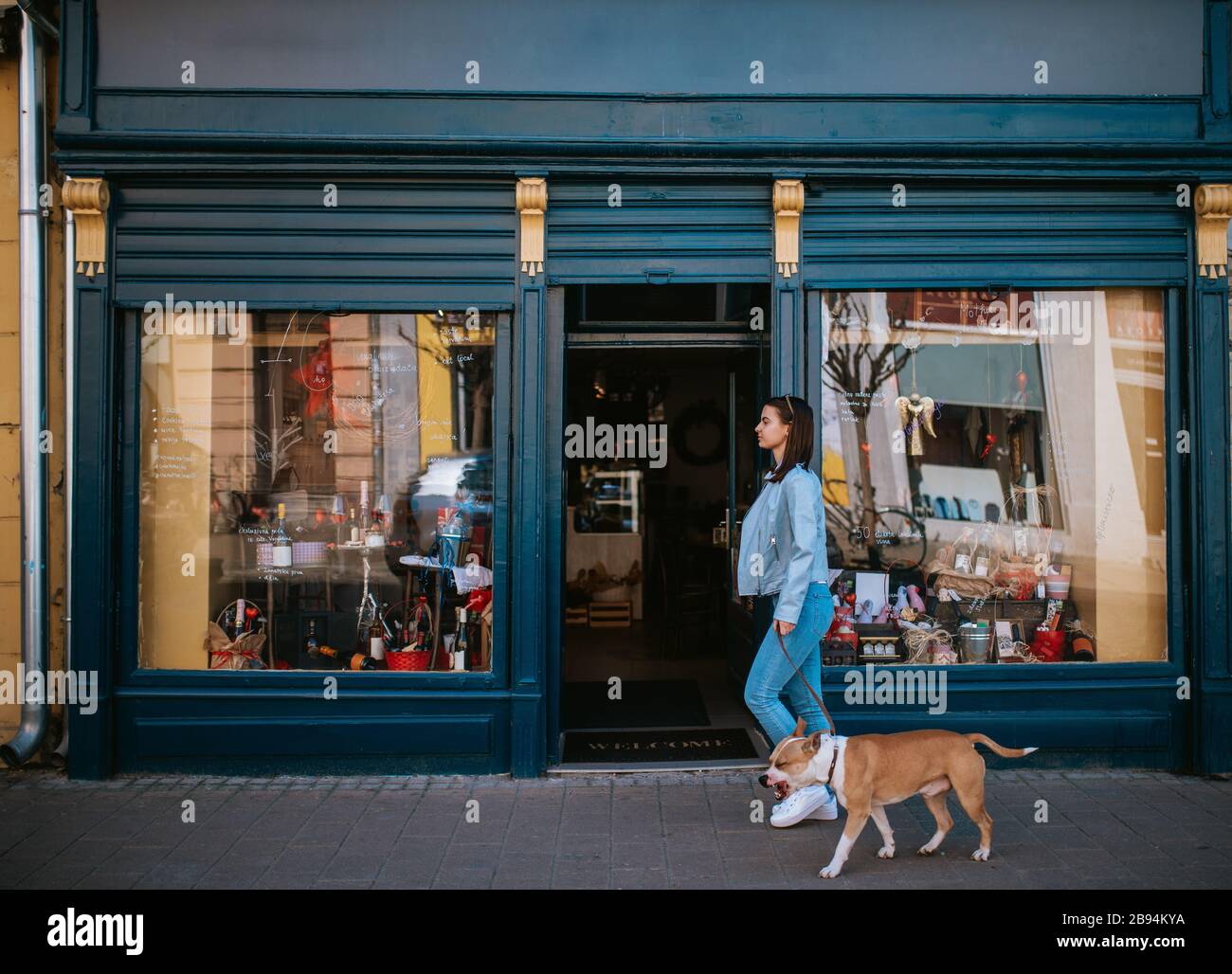 A beautiful young girl is walking her dog on the street Stock Photo - Alamy
