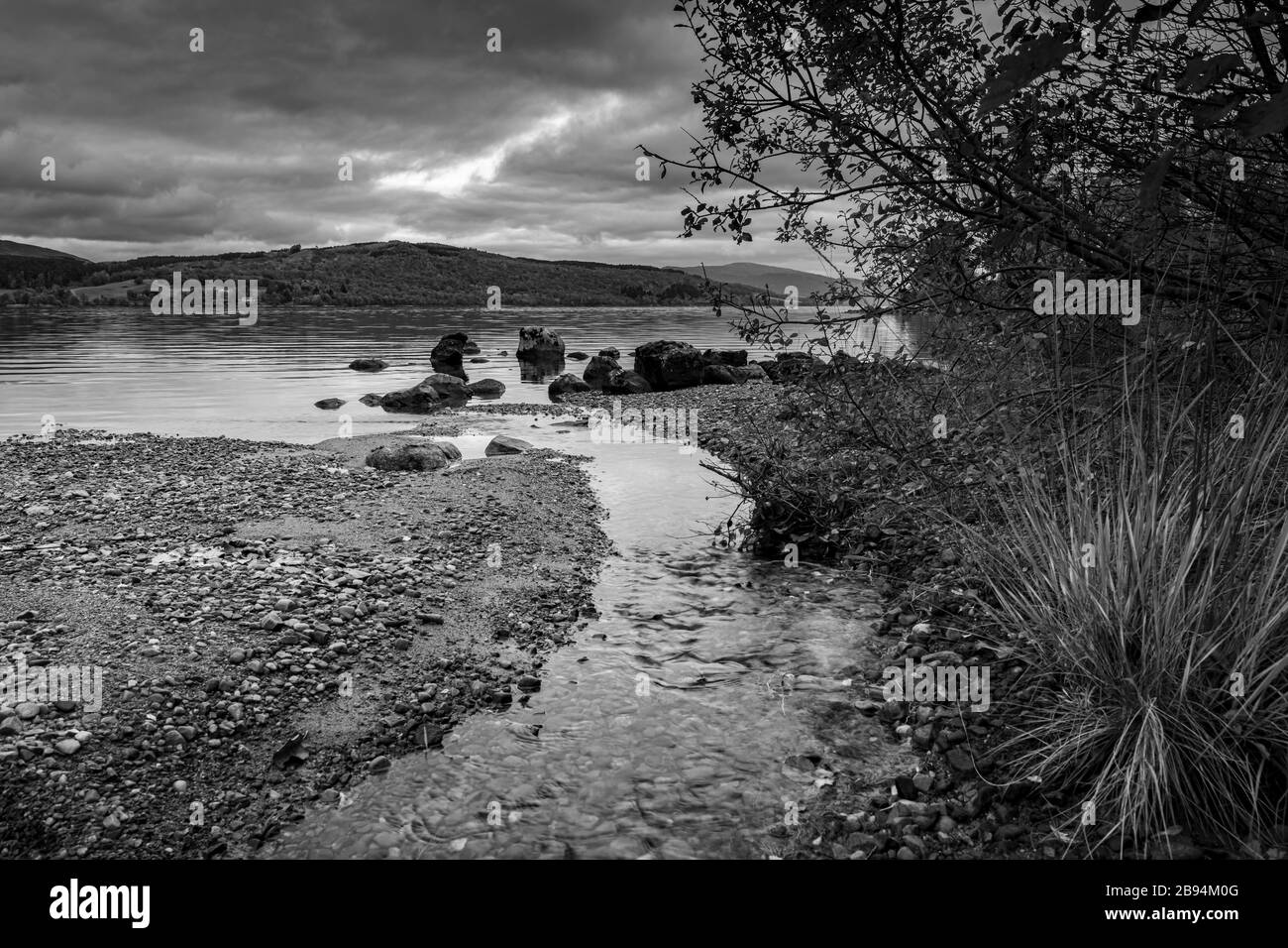 A monochrome autumnal image of Loch Rannoch from the south side, Perth and Kinross, Scotland. 18 October 2018 Stock Photo