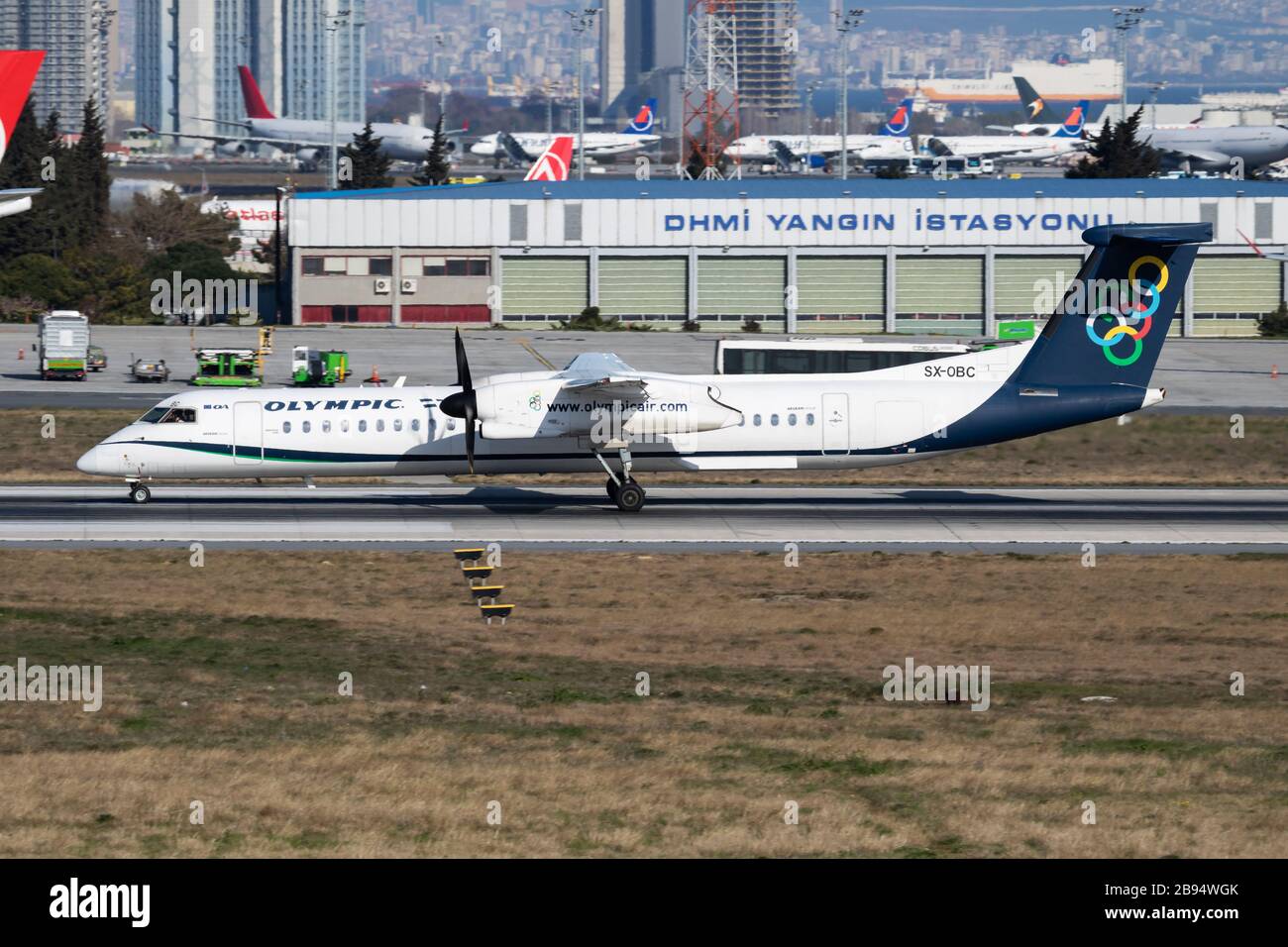 Istanbul / Turkey - March 28, 2019: Olympic Air Bombardier DHC-8 Q400 SX-OBC passenger plane departure at Istanbul Ataturk Airport Stock Photo