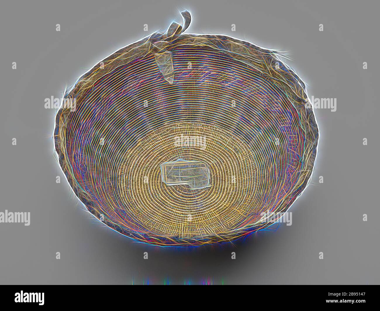 basket bowl, Cahuilla people, 1880-1910, willow or sumac, deer hide, hair rope, stone arrowhead, 6-1/4 x 16 x 17-1/2 in., Label, printed, adhered, interior bottom: The Chittenden Collection [text covered by second label] By Cap'n Newton [text covered] missioner for British [text covered] Label, handwritten, adhered, interior bottom on top of printed label: Old Cahuillas Indians, [label ripped] by,  Uppen[?] Sa[illegible], Native Arts of the Americas, Reimagined by Gibon, design of warm cheerful glowing of brightness and light rays radiance. Classic art reinvented with a modern twist. Photogra Stock Photo