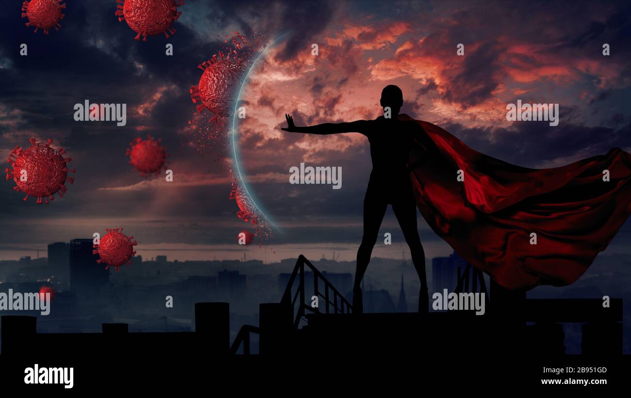 Concept of medical doctors fighting against global pandemic virus . Abstract silhouette portrait of young hero woman with super person red cape protec Stock Photo
