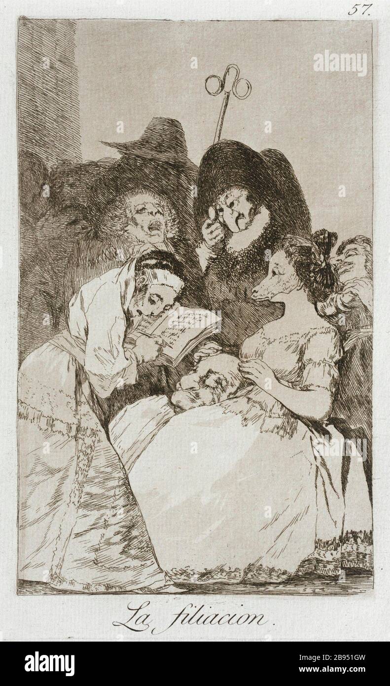 "The fileation; English: Spain, 1799 Alternate Title: La filiacion Portfolio: Los Caprichos, plate 57 Prints; etchings Etching and aquatint Paul Rodman Mabury Trust Fund (63.11.57) Prints and Drawings; 1799date QS:P571,+1799-00-00T00:00:00Z/9; " Stock Photo