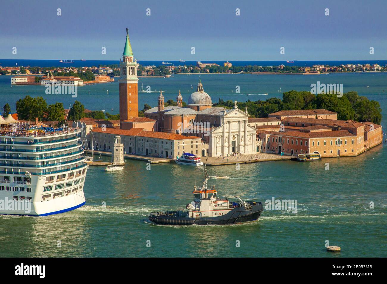 Cruise ship passing San Giorgio island off of Venice, Italy Stock Photo