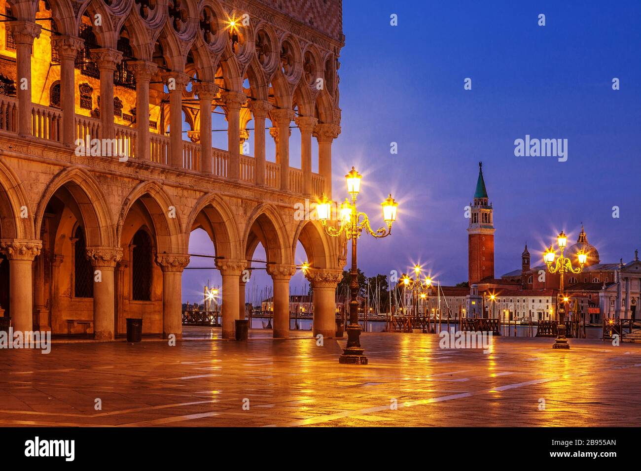 Doges Palace and San Giorgio island in Venice, Italy at twilight Stock Photo