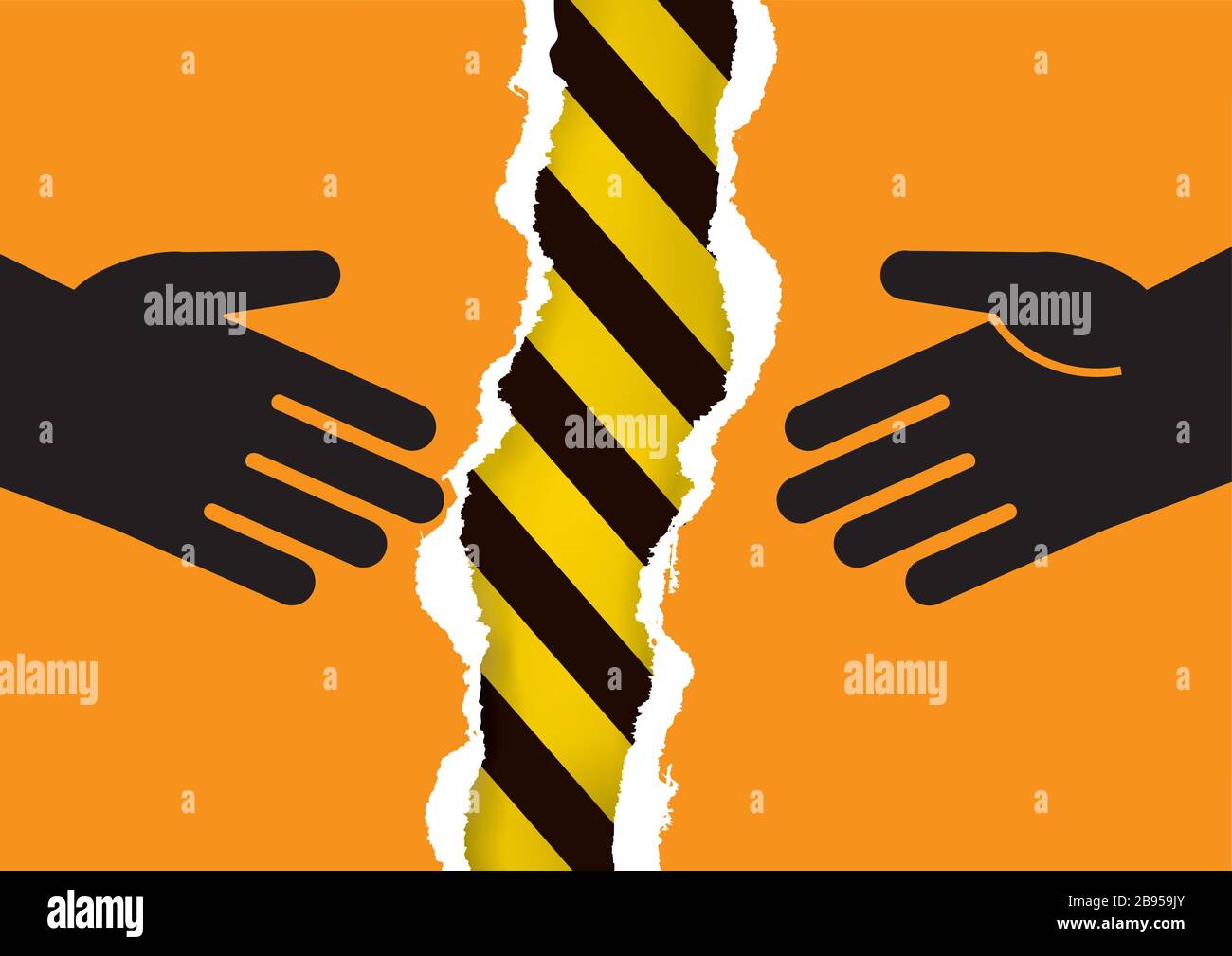 Do not hand shake, danger of virus infection. Illustration of torn paper with hand icons and under construction sign. Vector available. Stock Vector