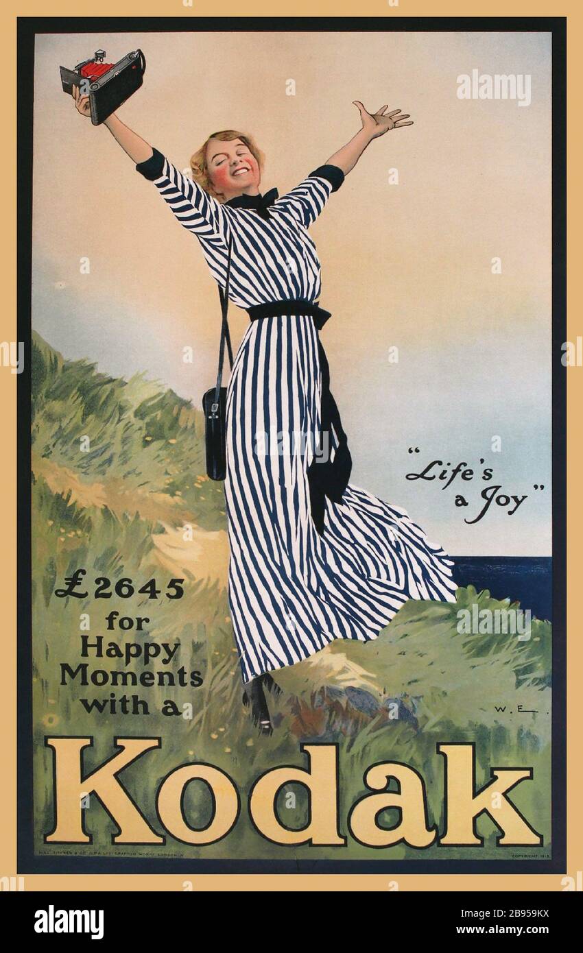 Kodak Girl Vintage Archive 1913 Kodak Advertising 'Life's a joy'  competition prize money £2645 for happy moments with a Kodak, printed by Hill Sifken 1913 Hill Sifken (Lithographer) Stock Photo