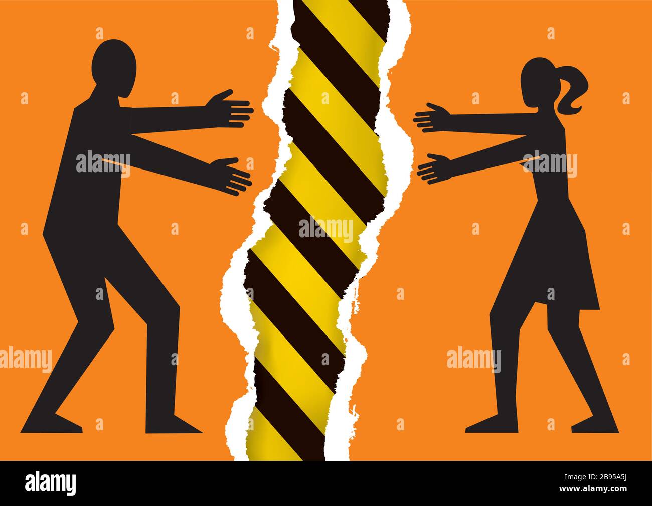 Separated couple, a dangerous relationship. Illustration of torn paper with young heterosexual couple silhouettes and under construction sign. Stock Vector