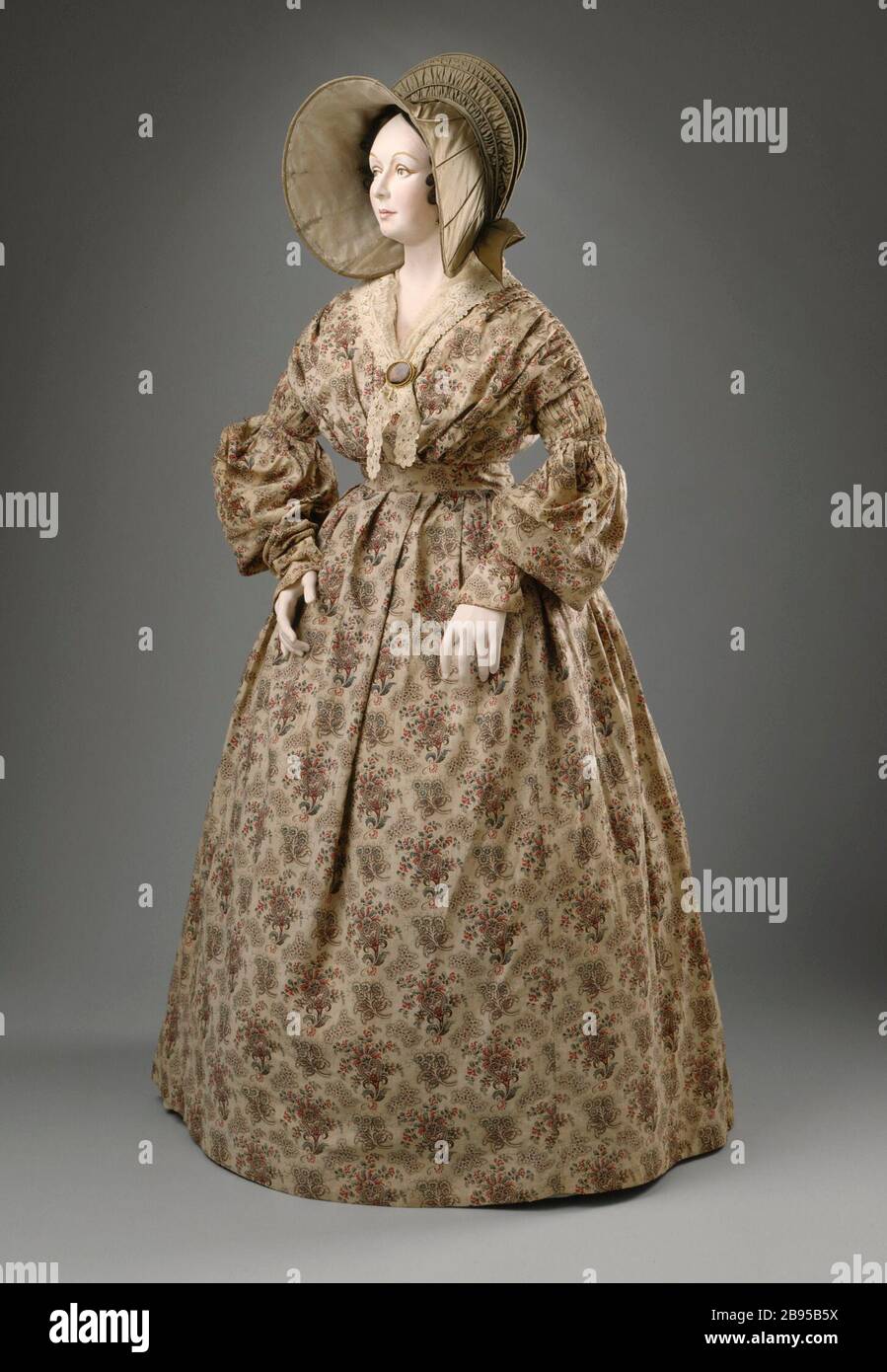 Woman's Dress; English: England, circa 1836-1837 Costumes; principal attire  (entire body) Roller-printed cotton calico Gift of Mrs. Dorothy Jeakins  (M.67.56.1) Costume and Textiles; between circa 1836 and circa 1837 date  QS:P571,+1836-00-00T00:00:00Z/8 ...