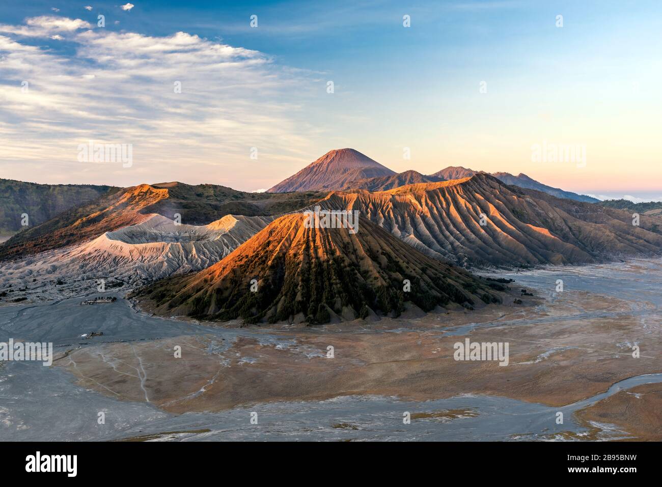 Mountains Bromo, Semeru, Batok and Widodaren at sunrise, Bromo Tengger Semeru National Park, Java, Indonesia Stock Photo