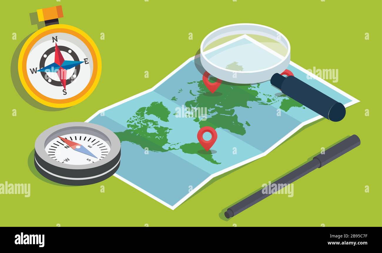 magnify glass, compass to find a world map Stock Vector