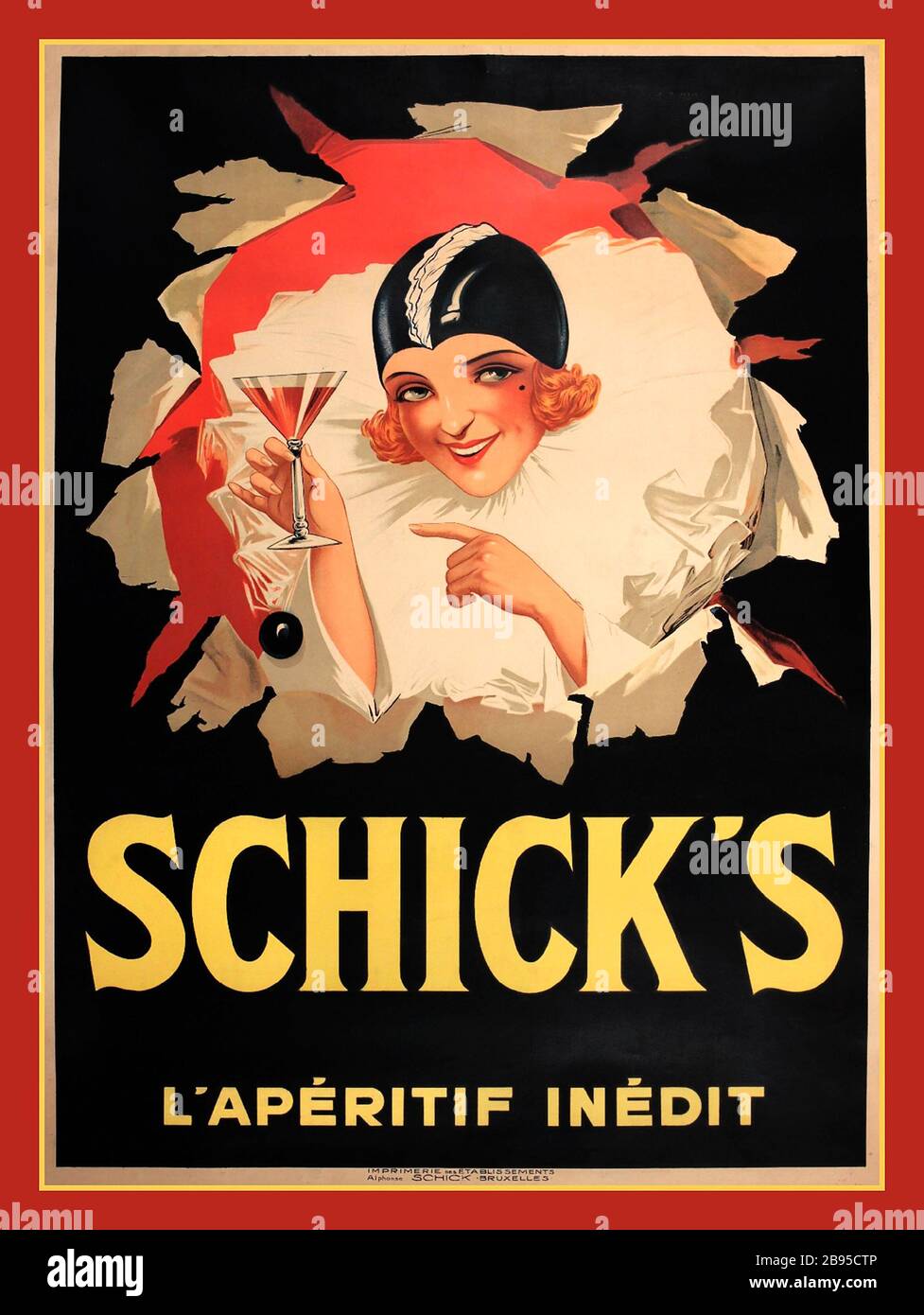 SCHICK’S RETRO Vintage 1930s Drinks Alcohol Poster ‘ Schick's L'Aperitif Inedit ‘  New Aperitif Art Deco style poster printed in Bruxelles 1930 Stock Photo