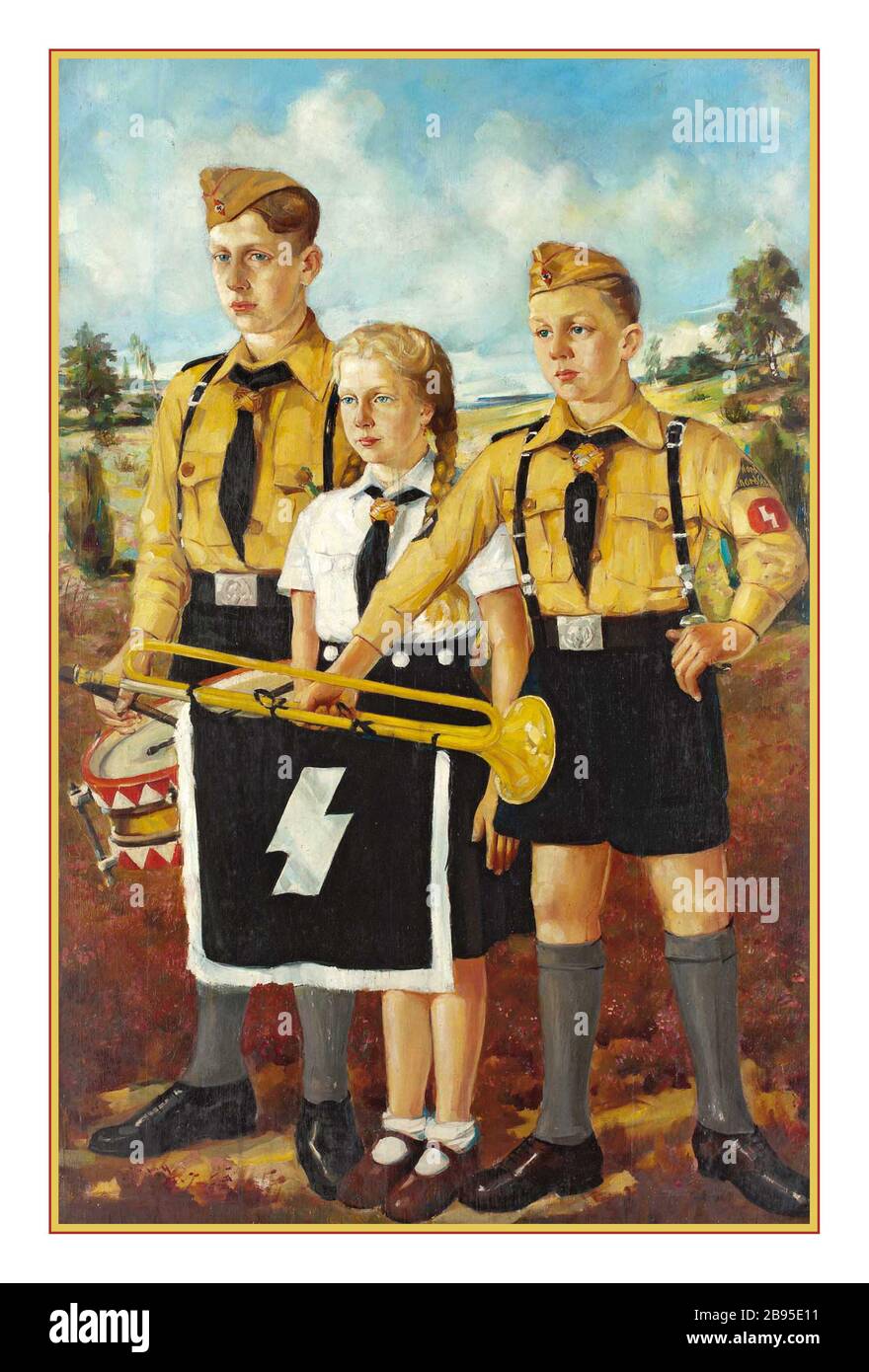 Vintage 1930s The Hitler Youth German: Hitlerjugend,  was the youth organisation of the Nazi Party in Germany. Its origins dated back to 1922 and it received the name Hitler-Jugend, Bund deutscher Arbeiterjugend ('Hitler Youth, League of German Worker Youth') in July 1926. From 1933 until 1945, it was the sole official boy's youth organisation in Germany and was partially a paramilitary organisation; it was composed of the Hitler Youth proper for male youths aged 14 to 18, and the German Youngsters in the Hitler Youth Deutsches Jungvolk in der Hitler Jugend Stock Photo