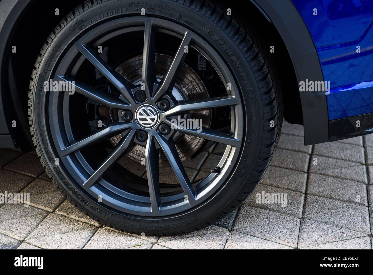 RIGA; LATVIA. 20th January 2020. Volkswagen company logo; wheel; tyre; disc; business; brand; german; logo; industry; automobile; transport; transport Stock Photo