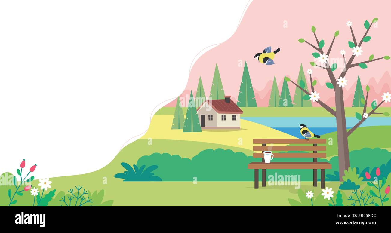 Hello spring landscape with bench, houses, fields and nature. Cute vector illustration in flat style Stock Vector
