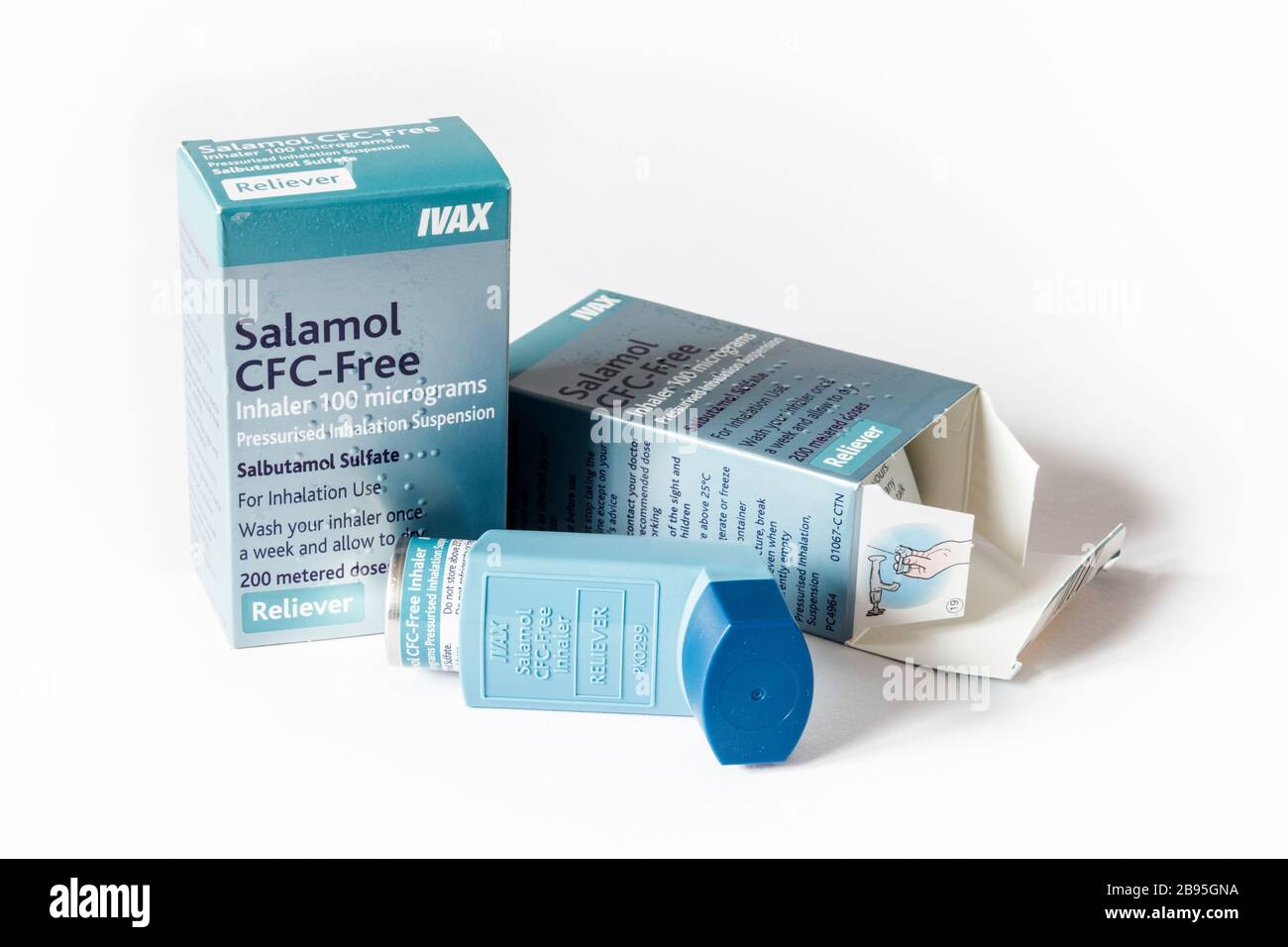 A blue salbutamol asthma reliever inhaler and two boxes, one opened Stock Photo