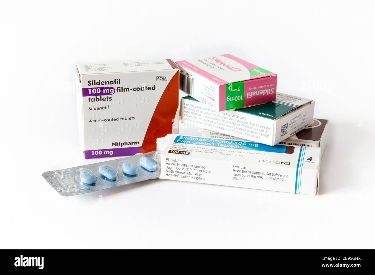 Boxes of Sildenafil tablets, sold under the brand name Viagra among others, a medication for treating erectile dysfunction Stock Photo