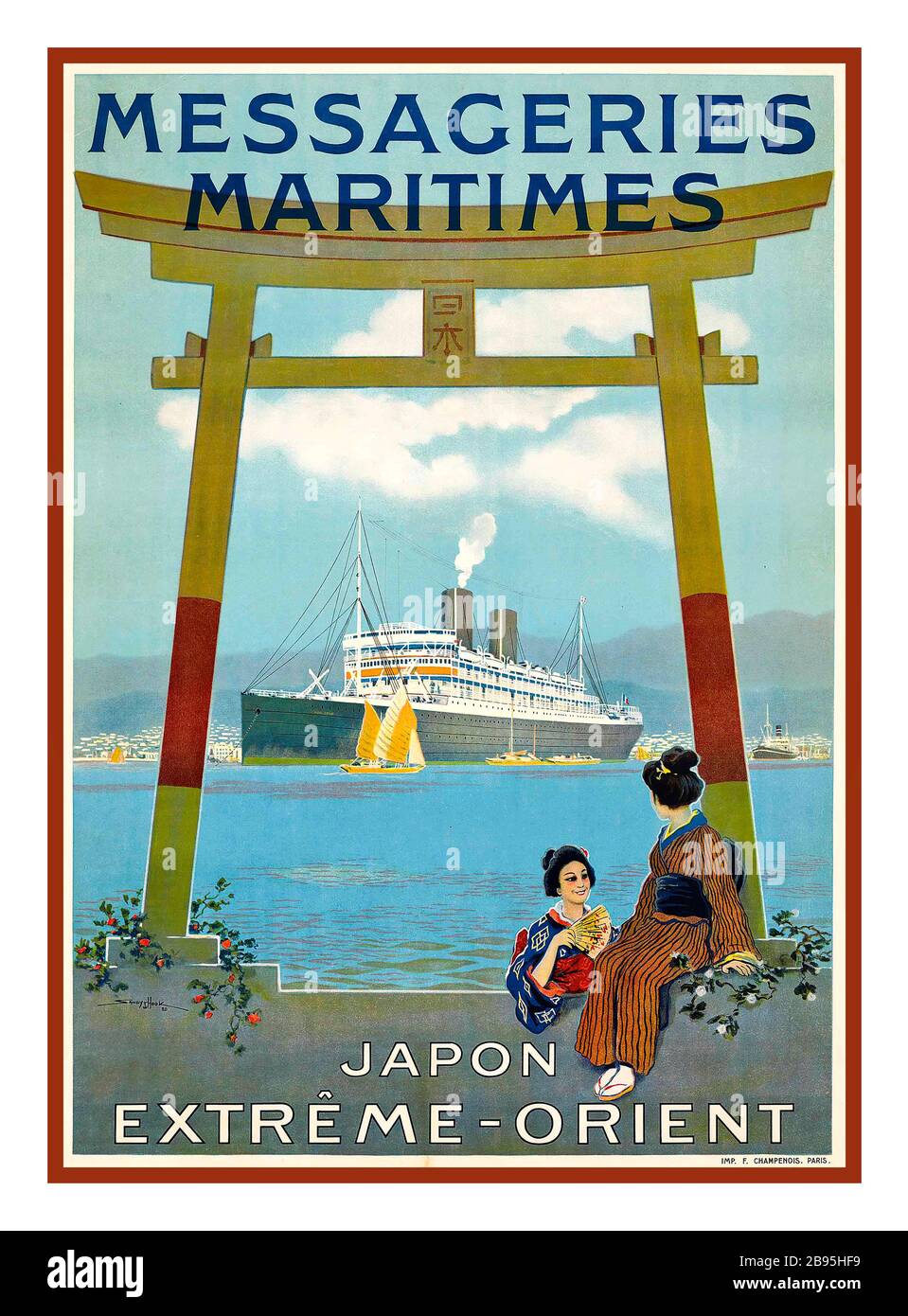 Vintage 1920s Travel Steamship Courier Post Postal Mail Liner poster MESSAGERIES MARITIMES, JAPON lithograph in colours, 1920, printed by F.Champenois, Paris, maritime couriers Japan extreme-orient (Georges Taboreau, 1879-1960) Stock Photo