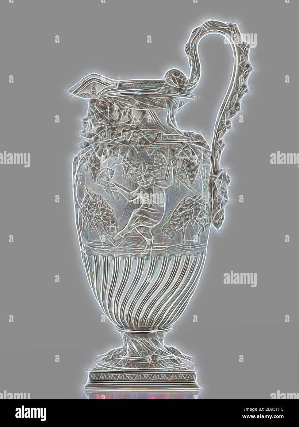 wine ewer, Tiffany & Co., Manufacturer (American), about 1890, silver, 18-1/2 x 7-1/4 x 9-3/4 in., Inscribed, at underside: Thomas Horncastle Esquire Presented by the Mutual Life Insurance Company of New York Jan 1 1890 Inscribed, at underside in center: Tiffany & Co. 5659 Makers 7117/ STERLING SILVER/ 925-1000/ M, 5Q'TS Inscribed, scratched at underside: 116/85 589, 461698, Decorative Arts, Reimagined by Gibon, design of warm cheerful glowing of brightness and light rays radiance. Classic art reinvented with a modern twist. Photography inspired by futurism, embracing dynamic energy of modern Stock Photo