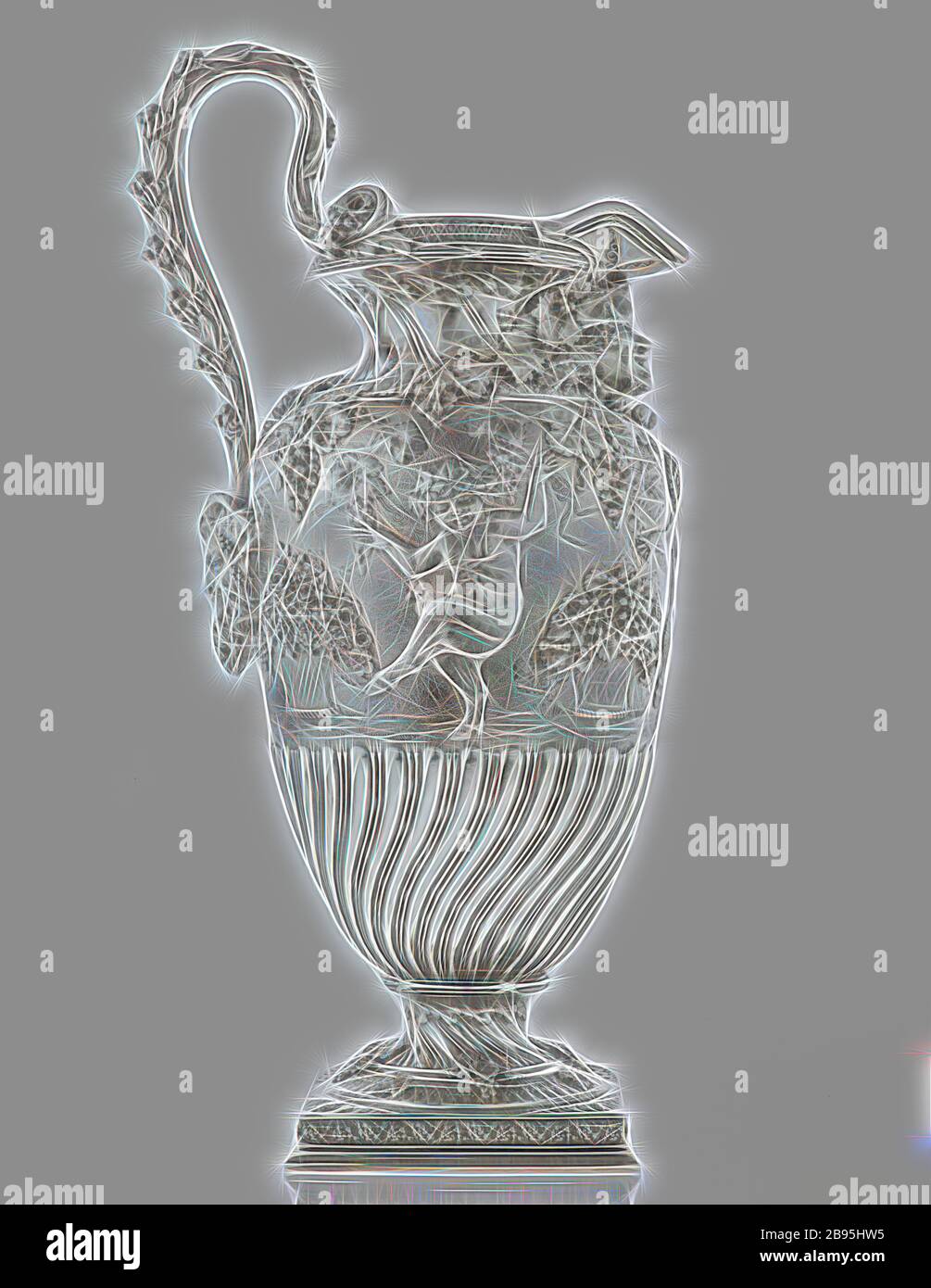 wine ewer, Tiffany & Co., Manufacturer (American), about 1890, silver, 18-1/2 x 7-1/4 x 9-3/4 in., Inscribed, at underside: Thomas Horncastle Esquire Presented by the Mutual Life Insurance Company of New York Jan 1 1890 Inscribed, at underside in center: Tiffany & Co. 5659 Makers 7117/ STERLING SILVER/ 925-1000/ M, 5Q'TS Inscribed, scratched at underside: 116/85 589, 461698, Decorative Arts, Reimagined by Gibon, design of warm cheerful glowing of brightness and light rays radiance. Classic art reinvented with a modern twist. Photography inspired by futurism, embracing dynamic energy of modern Stock Photo