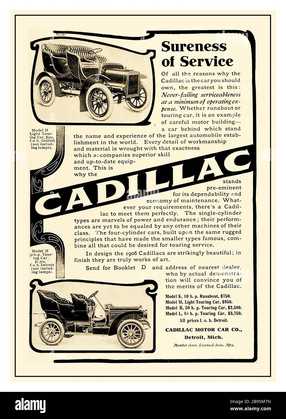 Vintage 1906 Cadillac advertisement 'sureness of service' 1906 black and white print ad for the Cadillac Model M Light Touring Car and Model H Touring Car from Cadillac Motor Car Company located in Detroit, Michigan. Cadillac Motor Company USA Stock Photo