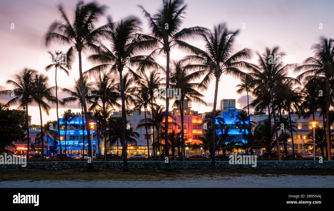 Miami Beach, colorful Art Deco District at night Miami Florida Stock