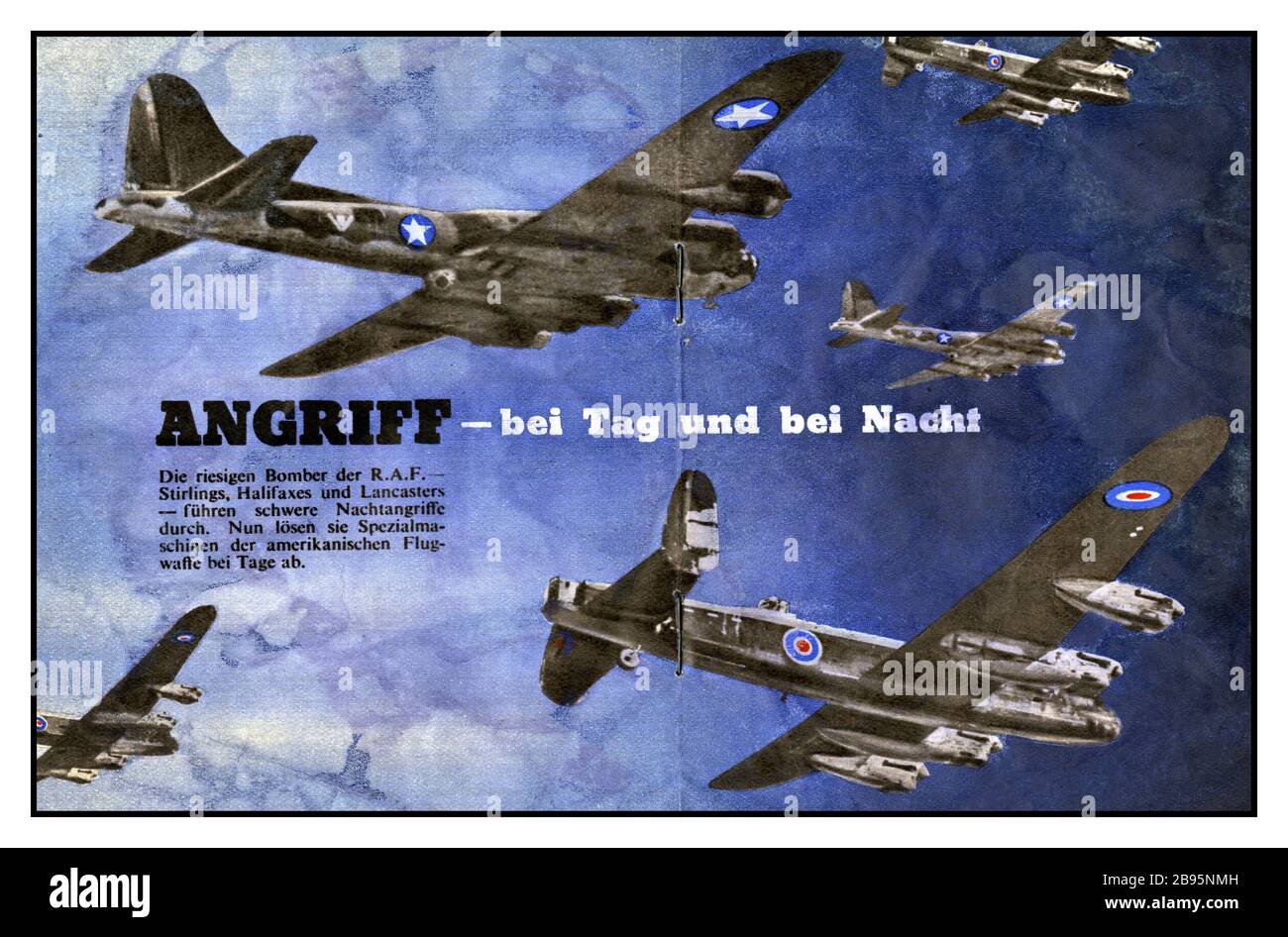 WW2 PROPAGANDA ALLIED LEAFLET DROP Nazi Germany booklet dropped by the thousands on Germany. It reads: “Attack—by Day and by Night. The bombers of the RAF—Stirlings, Halifaxes and Lancasters—carry out heavy night operations. Now using bombers of American air force by day.”  In the summer of 1943, the daytime American and nighttime British bombing campaigns became aligned as the “Combined Bomber Offensive.”  This plan established 24hr bombing of the enemy. Until D-Day 1944, the priority targets were Germany’s fighters and its ball-bearing and oil industries ANGRIFF-bei Tag und bei Nacht Stock Photo