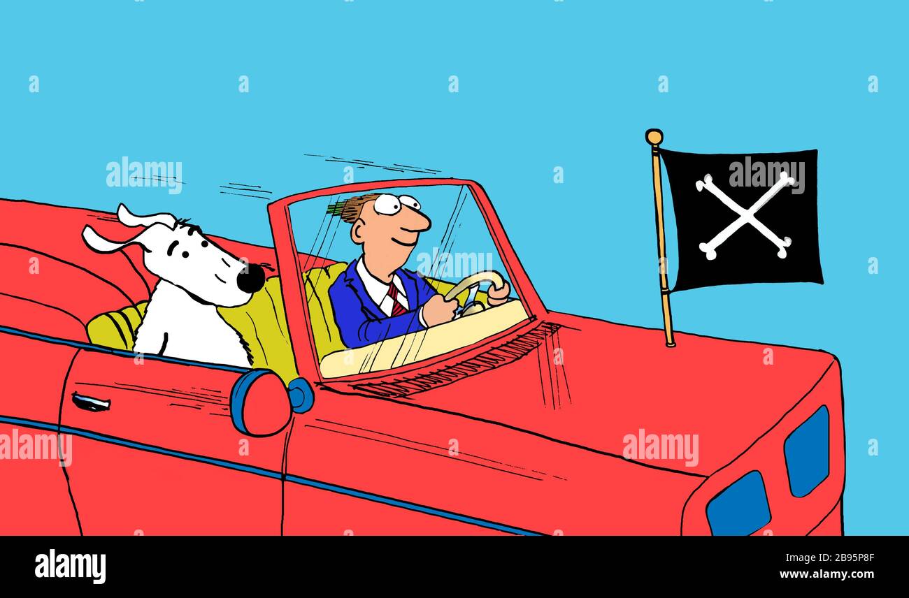 A color cartoon depicting a smiling man with his smiling dog in a convertible car with a bone flag. Stock Photo