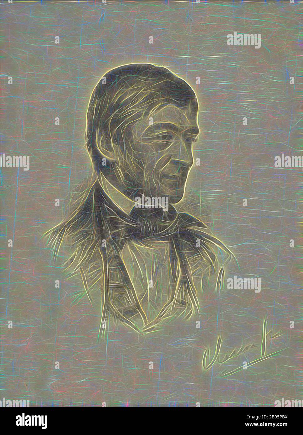Portrait of Ralph Waldo Emerson, William Baxter Palmer Closson (American), After Samuel Rawse, 19th century, wood engraving, 6 x 4-1/8 in. (image) 14 x 11-1/4 in. (sheet), Reimagined by Gibon, design of warm cheerful glowing of brightness and light rays radiance. Classic art reinvented with a modern twist. Photography inspired by futurism, embracing dynamic energy of modern technology, movement, speed and revolutionize culture. Stock Photo