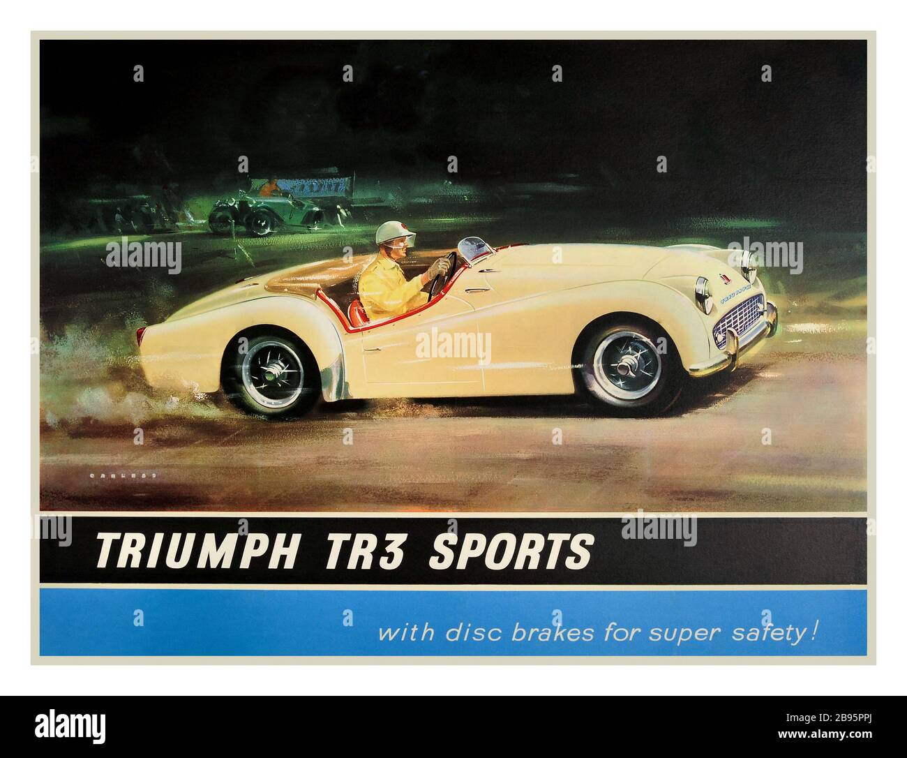 TRIUMPH TR3 Vintage 1950's advertising poster British UK sports car poster - Triumph TR3 Sports with disc brakes for super safety! - the British sports car produced by the Standard Triumph Motor Company, TR3 was one of the  top best sellers. Poster by renowned auto and aviation artist Vic Carless (1928-2011) featuring a cream colour TR3 racing past with the finish line and a green classic car in the background, UK, 1950s, artist designer: Vic Carless, Stock Photo