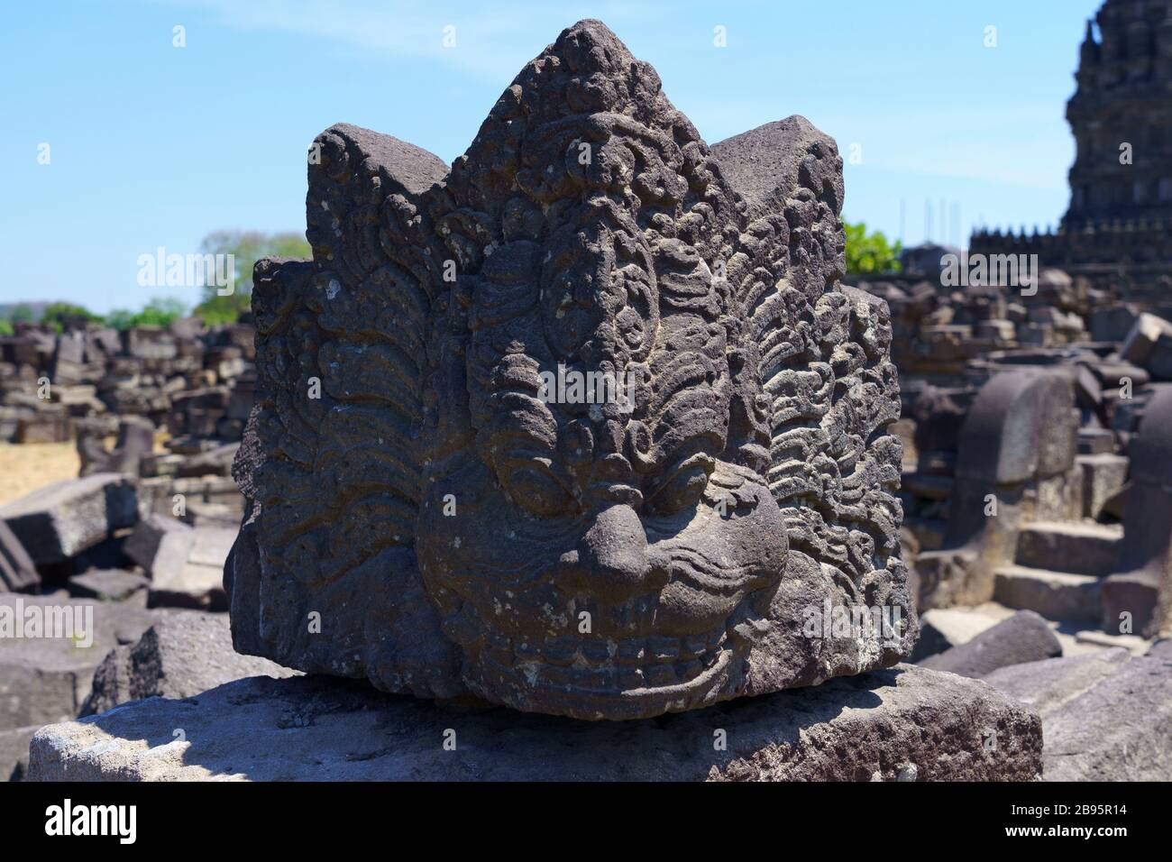 Ruins from Prambanan Temple.It  remained in ruins for years, its demise accelerated by treasure hunters and locals searching for building material. Stock Photo