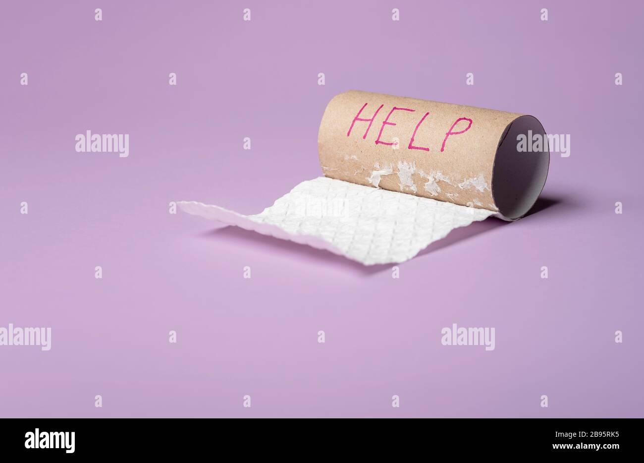Empty toilet paper roll on a purple background. Help word wrote on a
