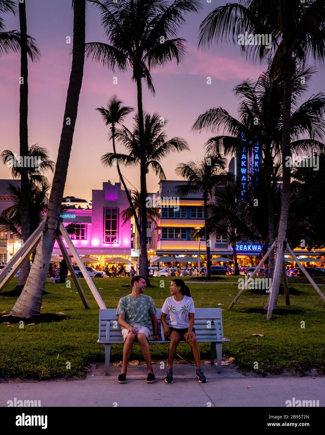 Miami Beach, colorful Art Deco District at night Miami Florida Stock