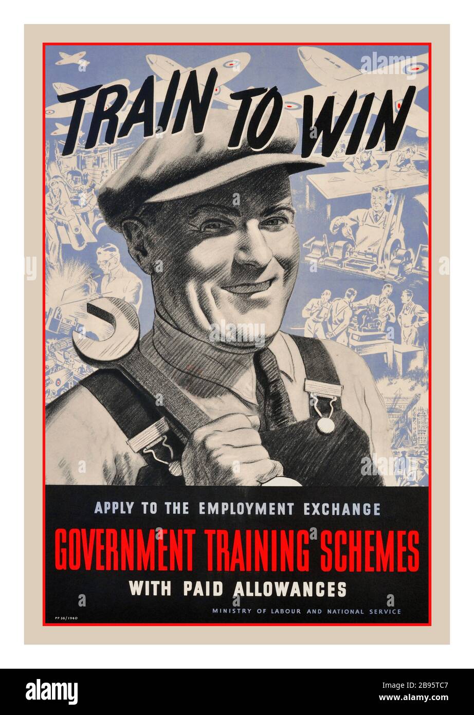 Vintage War Production Training UK World War Two poster: Train to Win - Apply to the Employment Exchange, Government Training Schemes with paid allowances - Ministry of Labour and National Service. Smiling worker wearing a flat cap and holding a spanner with planes and men working with industrial machines and on technical drawings in the background. Black and white sketch style on a blue and white background. 1940. Printed by J Weiner Ltd, 71/5 New Oxford Street, London WC1 for Her Majesty's Stationery Office. . Country: UK, 1940, Stock Photo