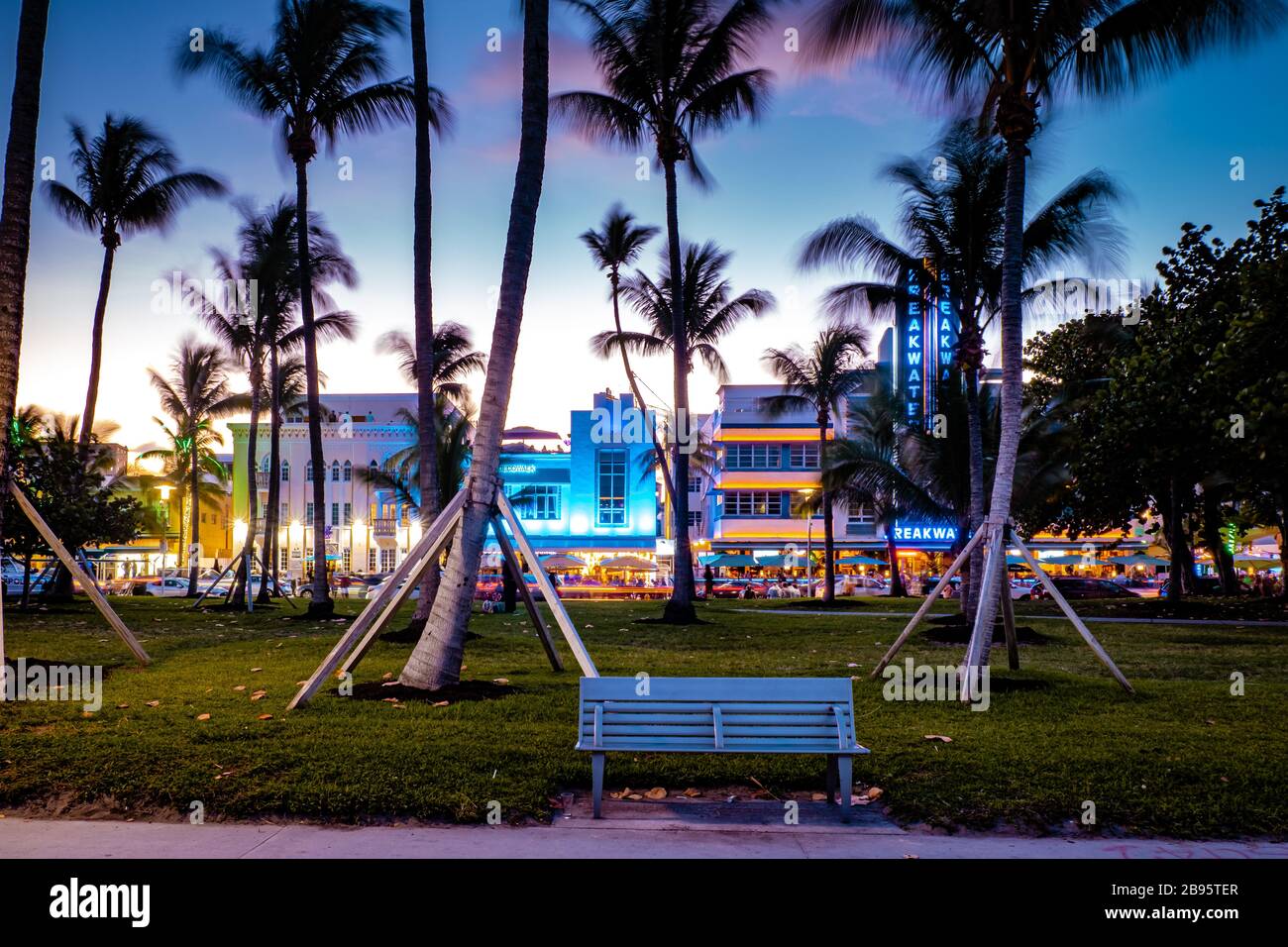 Miami Beach, colorful Art Deco District at night Miami Florida Stock