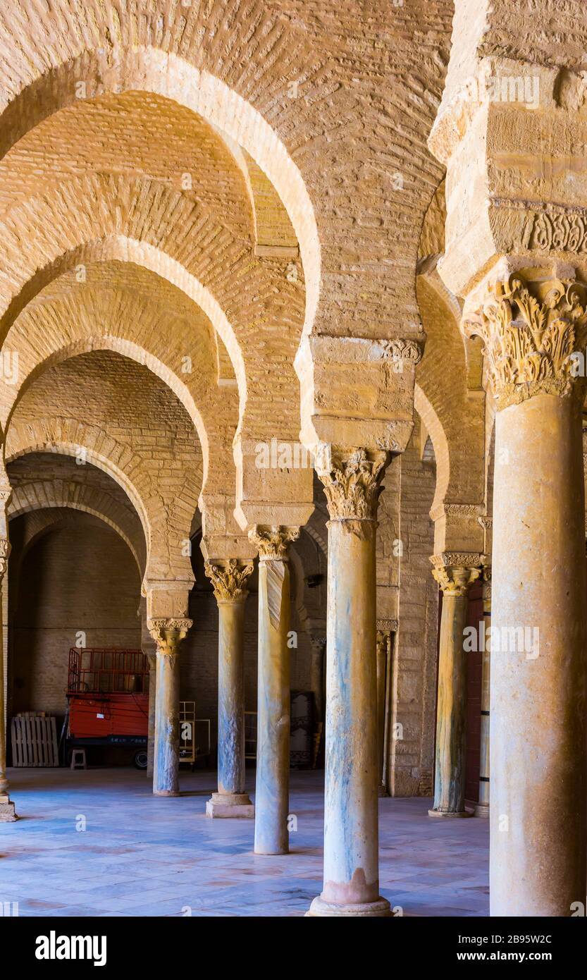 Portico with columns. Great Mosque of Kairouan or Mosque of Uqba. Kairouan, Tunisia, Africa. Stock Photo