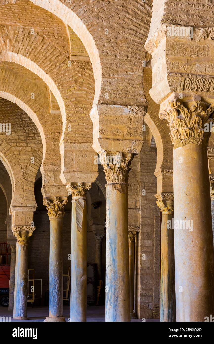 Portico with columns. Great Mosque of Kairouan or Mosque of Uqba. Kairouan, Tunisia, Africa. Stock Photo