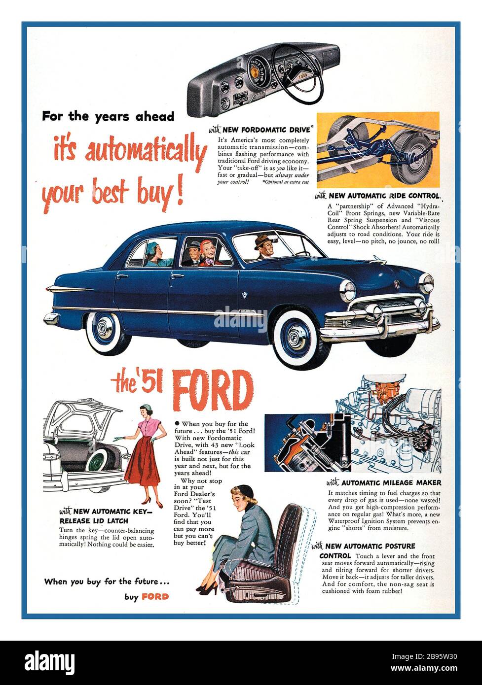 Ford Vintage 1951 American Ford Car Ad 'Its automatically your best buy' new 1951 Ford with new Fordomatic transmission. Ford-O-Matic was the first automatic transmission widely used by Ford Motor Company. It was designed by the Warner Gear division of Borg Warner Corporation and introduced in 1951 model year cars. Stock Photo