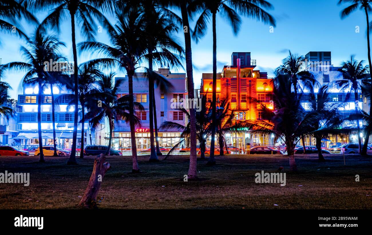 Miami Beach, colorful Art Deco District at night Miami Florida Stock