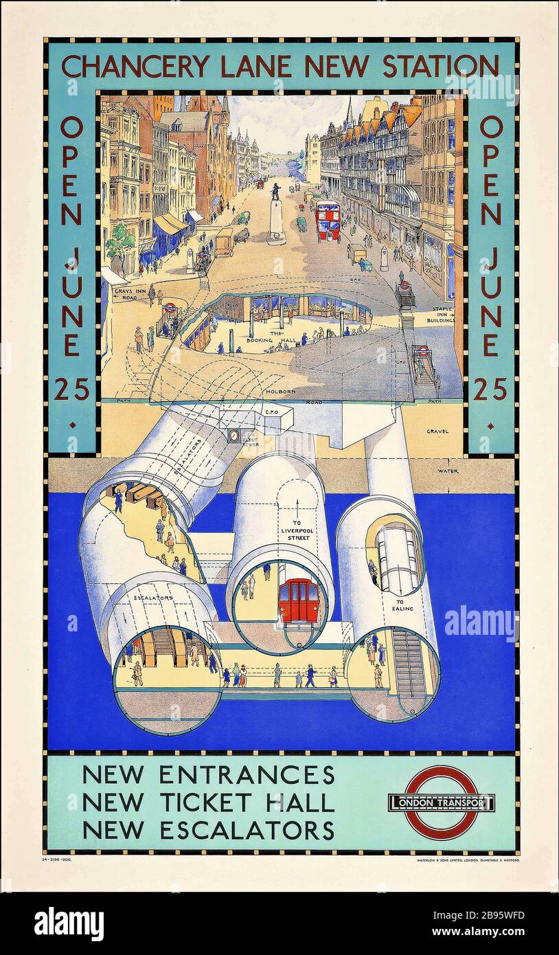 Vintage London Underground Tube Poster CHANCERY LANE New Station open June 25th 1934 New Entrances New Ticket Hall New Escalators Cutaway artist impression Tube Station Underground. lithograph in colour, 1934, printed by Waterlow & Sons Limited, London, Artist Charles W. Baker Stock Photo