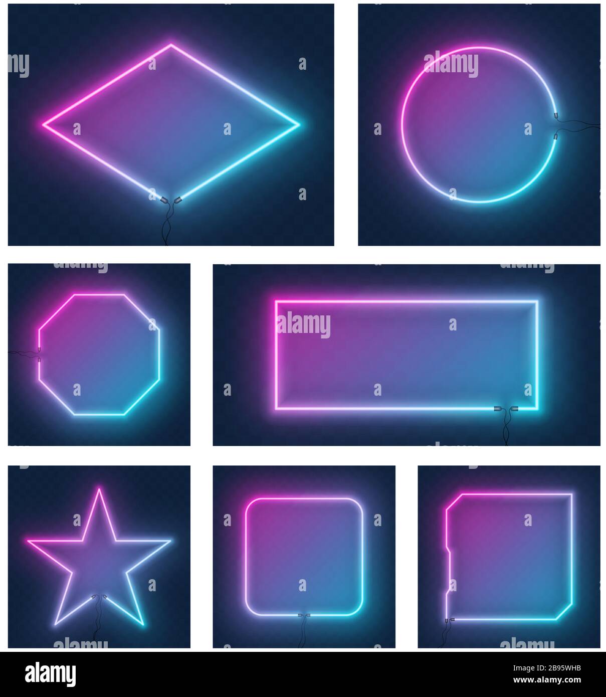 Set of realistic glowing different shapes neon frames isolated on ...